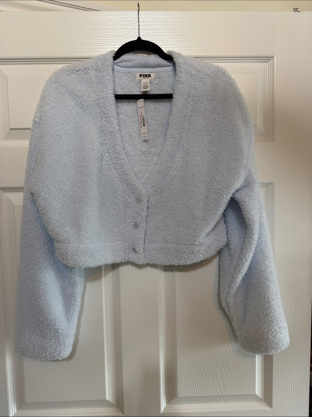 PINK Victoria’s Secret Cozy Cropped Fuzzy Teddy Bear Cardigan Light Blue NWT XL